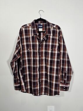 Wrangler Burgundy Orange Collared Plaid Long Sleeve Top Sz XXL